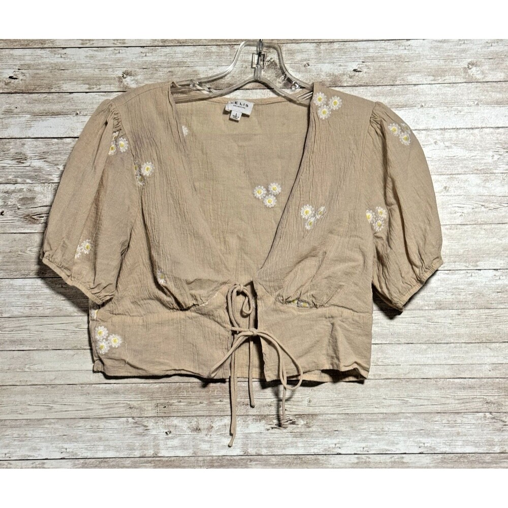 Le Lis Embroidered Daisy Tie Front Tan Crop Top Sz L Boho Coquette Y2K Cottage